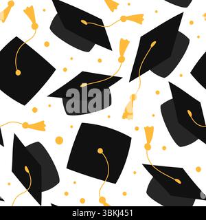 Graduation Caps Muster, nahtloser Vektorhintergrund. Graduiertenhüte in der Luft. Quadratische akademische Kappe, Mortarboard. High School, College, Akademiker Stock Vektor