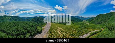Gifford Pinchot National Forest, Washington, USA - 4. Juli 2019: Ein Panoramablick auf den Wald und die Berge. Stockfoto