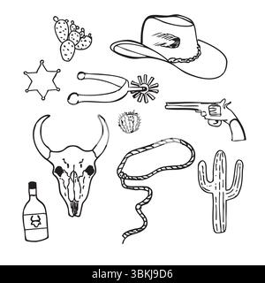 Handgezeichnete westliche Vektorkritzeleien. Strichkunst-Illustrationen mit wilder westlicher Atmosphäre Stock Vektor