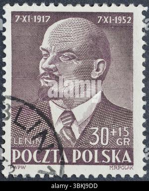 Gestempelte Briefmarke, gedruckt von Polen, die Wladimir Lenin (1870-1924), Polnisch-sowjetischer Freundschaftsmonat, um 1952 zeigt. Stockfoto