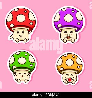Collection-Aufkleber mit Mini Pilz Kawaii Cartoon Design Stock Vektor
