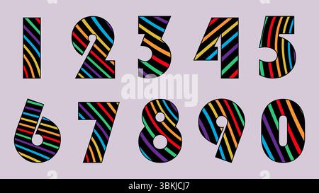 Eine Reihe von bunten, gestreiften Zahlen. Bunte, lustige Zahlen-Kollektion. Stock Vektor