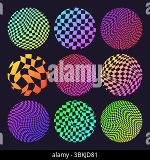 Grooviges Karomuster, rundes, gekacheltes Neongitter. Vintage gewellter Hintergrund, Verzerrungseffekt. Funky geometrische Schachbretttextur, Retro-Hintergrund Stock Vektor