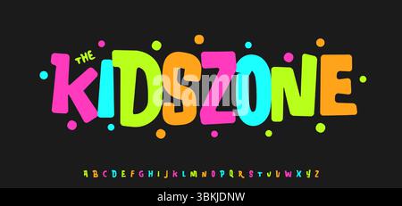 Buntes Kids Zone Play Room Logo, Karneval Schriftzug, auffälliges Zeichentrickbuchstaben. Verspielte groovige Schrift für fröhliche Überschrift, Geburtstagstitel, Comic Stock Vektor