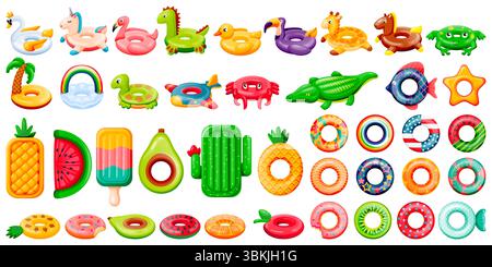Pool-Kollektion mit aufblasbaren Ringen und Schwimmern. Vektor-Illustration von Kinder Wasser schwimmenden Spielzeug. Sommerstrand und Swimmingpool Freizeit isoliertes Design e Stock Vektor