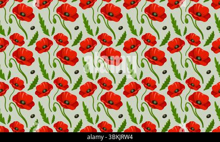 Nahtloses Blumenmuster mit roten Mohnblüten und grünen Blättern. Hintergrund des Zeichentrickvektors. Stock Vektor