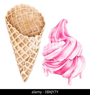 Aquarellillustration von rosa Eiscreme in Waffelkegel. Süßes und verspieltes handgemaltes Element für Sommerverpackungen, Kinderstoffe, Poster Stockfoto