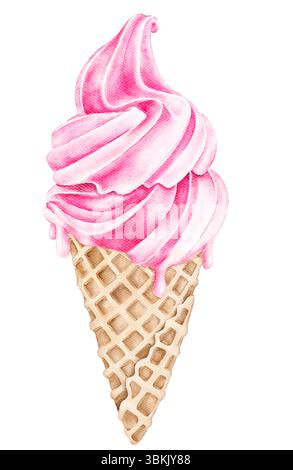 Aquarellillustration von rosa Eiscreme in Waffelkegel. Süßes und verspieltes handgemaltes Element für Sommerverpackungen, Kinderstoffe, Poster, Menü Stockfoto