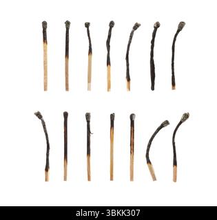 Satz verbrannter Übereinstimmungen isoliert auf weiß Stockfoto