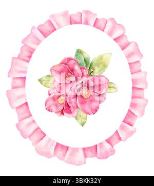 Ovaler Blumenrahmen in Aquarellfarben mit rosa Kamelienstrauß und dekorativem Band, isoliert auf weiß. Ideal für romantische Karten, Frühlingseinladungen, Packa Stockfoto