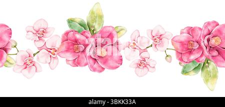Nahtlose, wiederholbare Borte mit cremeweißen Orchideen, Kamelien mit grünen Knospen. Sanfte handgemalte Illustration, perfekt für nat Stockfoto
