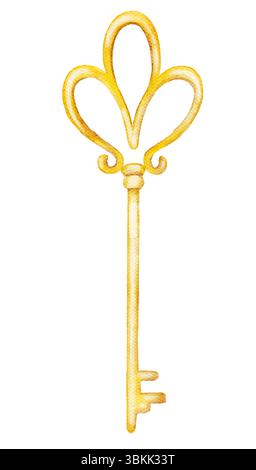 Verzierter goldener Schlüssel mit herzförmigen Details. Aquarellillustration für Vintage-, Romantik- oder Fantasy-Designs. Isoliert auf weiß. Stockfoto