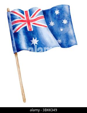 Handgemalte Aquarellflagge von Australien mit blauen Feld weißen Sternen und Union Jack isoliert auf weißem Hintergrund perfekt für Reise Illustration oder c Stockfoto