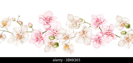 Aquarellfarben nahtlos wiederholbarer Blumenrand mit einer Mischung aus Orchideen und Kamelien in sanften Rosa-Tönen isoliert. Handgemalte botanische Kunst für Karten, Stockfoto