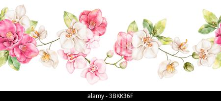 Handgemalte Aquarelle, nahtlose, wiederholbare Borte mit leuchtenden Kamelien und weichen Orchideen. Elegantes botanisches Design, ideal zum Verpacken, Invit Stockfoto