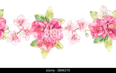 Nahtloser, wiederholbarer Rand in Aquarellfarben mit hellrosa Kamelien und kleinen Orchideen. Handgemaltes botanisches Clipart für romantische Karten, Verpackungen, Surfen Stockfoto