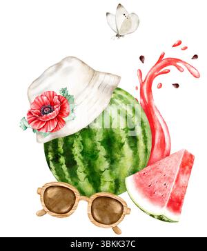 Sommerkomposition mit ganzen Wassermelonen Scheibe weiße panamahut Sonnenbrille und rosa Mohn in Aquarelltextur isoliert auf weißem Hintergrund Stockfoto