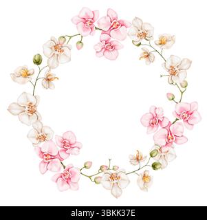 Handgemalter sanfter Blumenkranz mit weißen und zarten rosa Orchideen und grünen Blättern. Minimalistischer und eleganter Aquarellrahmen, perfekt für Hochzeitsplätze Stockfoto
