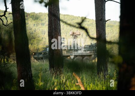 US-Soldaten, die dem 3. Geschwader, 2. Kavallerie-Regiment zugewiesen sind, führen einen Stryker in die Verheimlichung während des Projekts Flytrap im Joint Multinational Readiness Center, Hohenfels Training Area, Hohenfels, Deutschland, 20. Juni. 2025. die Soldaten montierten ein kognitives Radar EchoShield über dem Stryker, das Frequenzen von Drohnen in der Nähe erfasste und Soldaten der Bodenstreitkräfte Echtzeit-Standortdaten auf ihren Endnutzergeräten zur Verfügung stellte. (Foto der US-Armee von SPC. Elijah Magaña) Stockfoto