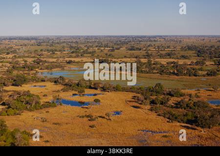 Fliegen Sie in das Okavago Delta, das zum UNESCO-Weltkulturerbe gehört, mit einem Überblick über die Landschaft - Botswana Stockfoto