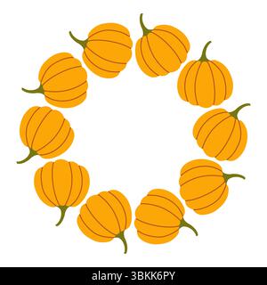 Kürbiskreisrahmen. Runder Rand aus Herbstkürbissen. Die Kürbisse haben unterschiedliche Formen und sind kreisförmig angeordnet. Vektorflaches isoliert auf Stock Vektor