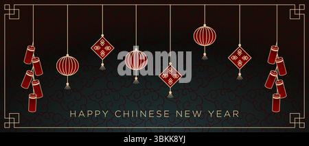 Linie hängende Ornamente chinesischer Neujahrsvektor flach Stock Vektor