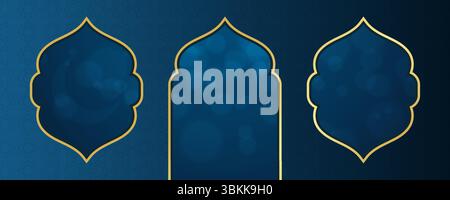 Elegante goldene islamische Fensterdekoration mit blauem Nachtbokeh-Hintergrund Stock Vektor