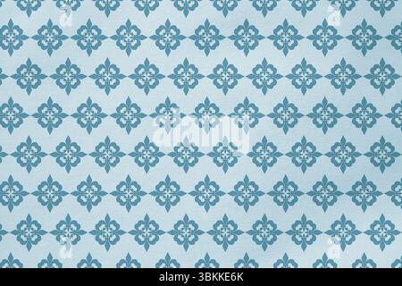 Das sich wiederholende geometrische Muster mit blauem Blumenmuster bedeckt die blassblaue Oberfläche und zeigt Diamantverbindungen Stockfoto