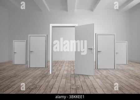 Die große offene Tür steht in einem minimalistischen, flachen Zimmer mit Holzboden und freiliegenden Balken Stockfoto
