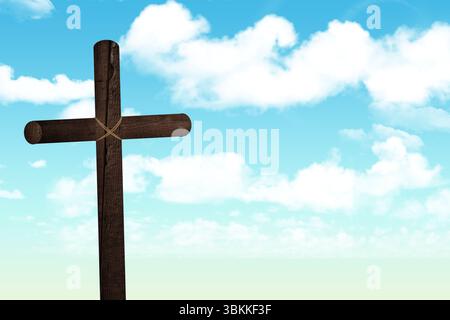 Dunkelbraunes Holzkreuz steht vor hellblauem Himmel mit weißen Wolken, Seil, flachem Design Stockfoto