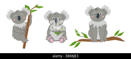 Wilde Tiere süßes Koalabär Baby-Charakterset. Grußkartenvorlage für Kinder Zoo-Tickets Banner. Vektorabbildung. Stock Vektor