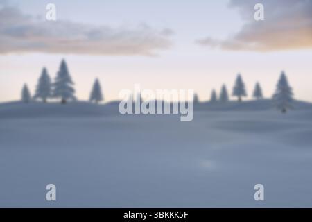 Das flache Design zeigt schneebedeckte Hügel, die unter pastellfarbenem Himmel mit staubigen immergrünen Bäumen schlängeln Stockfoto