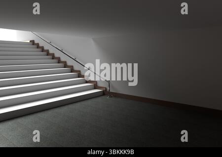 Die flache Designszene zeigt eine weiße Treppe, die zur hellen Öffnung aufsteigt und mit einem Stahlhandlauf versehen ist Stockfoto