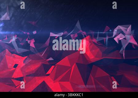 Eine Gruppe roter eckiger Polygone schwebt im marineblauen 3D-Rendering mit Linsenflecken und rosafarbenen Scherben Stockfoto