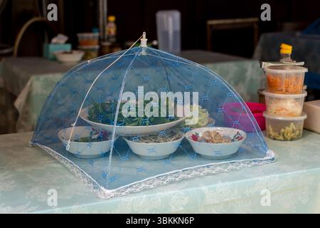 Eine Nahaufnahme eines Essenszelt, in dem Insekten ferngehalten wurden, mit verschiedenen traditionellen thailändischen Zutaten, die zu den Gerichten hinzugefügt werden, auf einem Restauranttisch auf dem schwimmenden Markt von Khwan Riam. Der schwimmende Markt Khwan Riam ist ein moderner Markt mit Sehenswürdigkeiten am Kanal, festen Verkaufsständen und Bootsrestaurants, ohne den traditionellen Boot-zu-Boot-Handel. Der Name stammt von Phlae Kao, einem klassischen thailändischen Romantik-Roman und Film aus dem Jahr 1977, der die tragische Liebesgeschichte von Khwan und Riam erzählt, Liebenden, die durch ihre Familien getrennt sind. Der Markt ist in zwei Teile unterteilt durch die Tempel Wat Bang Peng Nuea und Wat Bang Peng Tai, conne Stockfoto