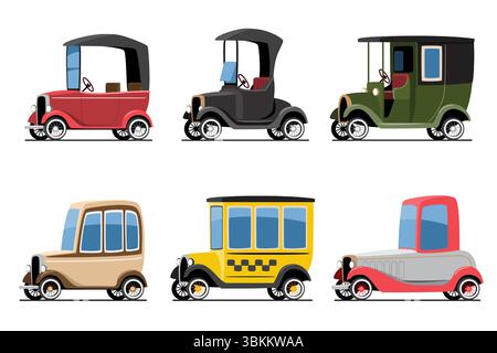 Klassische Oldtimerfahrzeuge aus dem frühen 20. Jahrhundert Set Cartoon Illustration . Flache Ausführung. Isolieren auf weißem Hintergrund. Vektor . Stock Vektor