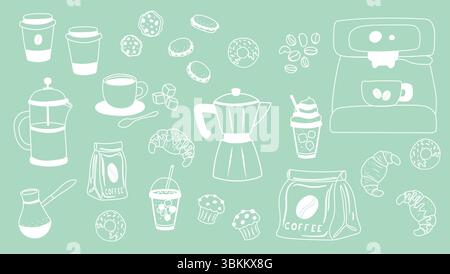 Kaffeeset mit weißer Umrandung auf grünem Hintergrund Stock Vektor