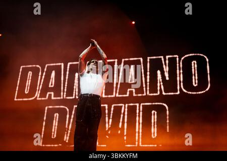 Damiano David tritt am 21. Juni 2025 auf der MEO Kalorama 2025 in Lissabon auf. Das MEO Kalorama 2025 Festival findet am 19., 20. Und 21. Juni statt. (Foto: Nuno Cruz/NurPhoto) Stockfoto