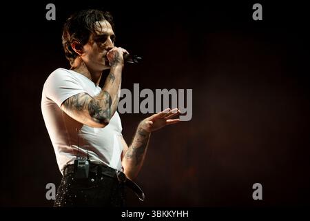 Damiano David tritt am 21. Juni 2025 auf der MEO Kalorama 2025 in Lissabon auf. Das MEO Kalorama 2025 Festival findet am 19., 20. Und 21. Juni statt. (Foto: Nuno Cruz/NurPhoto) Stockfoto