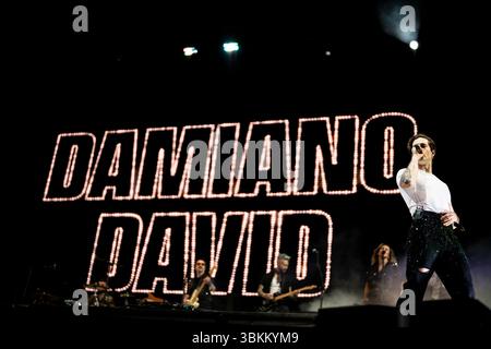 Damiano David tritt am 21. Juni 2025 auf der MEO Kalorama 2025 in Lissabon auf. Das MEO Kalorama 2025 Festival findet am 19., 20. Und 21. Juni statt. (Foto: Nuno Cruz/NurPhoto) Stockfoto