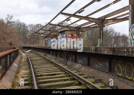 Verlassene und mit Graffiti bedeckte Bahnsteige und Gleise, die urbanen Verfall und Vernachlässigung zeigen. Die Natur greift in vergessene Infrastruktur ein. Ber Stockfoto