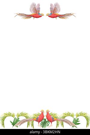 Tropische Vögel mit Palmblättern, vertikaler Rahmen mit Aquarell auf weißem Hintergrund. Handbemalt perfekt für Schreibwaren, Stoffdrucke und Sommerprojekte Stockfoto