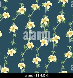 Gelbe Kletterblumen mit grünen Blättern bilden ein nahtloses botanisches Muster auf dunklem Hintergrund. Handgemalte Aquarelle. Ideal für Stoffe und Tapeten Stockfoto