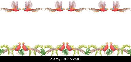 Fliegende tropische Vögel mit langen Schwänzen Palmblätter Aquarellrand isoliert auf weiß. Handbemalt, perfekt für Hochzeit Schreibwaren, Stoff Stockfoto
