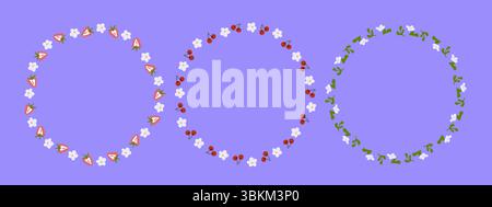 Set aus drei kreisförmigen Zeichentrickkränzen aus Erdbeeren, Kirschen, weißen Blumen und grünen Blättern auf violettem Hintergrund. Flacher Stil, dekorativer Summ Stock Vektor