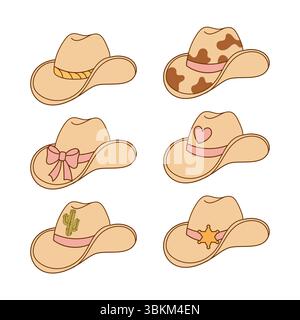 Vektor-Set mit Cowgirl-Hüten mit lustigen Details wie Herzen, Bögen, Sheriff-Abzeichen und Kakteen. Ideal für Aufkleber oder Ausdrucke. Stock Vektor