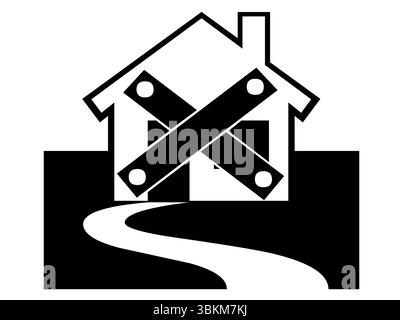 Verlassenes Haus Symbol mit Bordfenster und Pfad – Schwarz-weiß-Vektor Stock Vektor