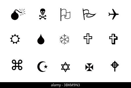 Verschiedene Symbole: Gefahr, Reise, Wetter, religiöse Symbole und verschiedene Symbole Stock Vektor