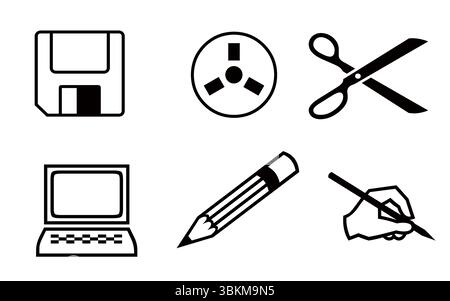 Schwarzweiß-Symbole für Computer und Bürowerkzeuge – Speichern, Fächern, Schneiden, Laptop, Bleistift, Schreiben Stock Vektor