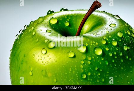 Frischer grüner Apfel mit Wassertropfen, Makroaufnahme auf weißem Hintergrund Stockfoto